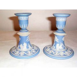 Pair of Wedgwood light blue candlesticks, 1890-1920