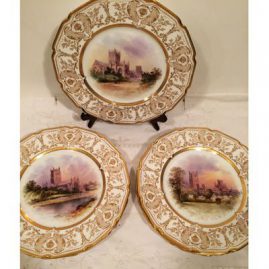 Set of seven rare Royal Doulton dinner size plates, each painted with different cathedrals,