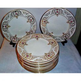 14 Cauldon dinner plates with rose and gold decoration