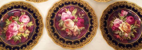 Set of 12 Museum Quality Cauldon rose plates signed Harrison