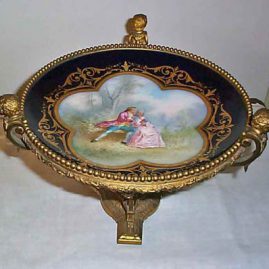 French Marseilles cobalt compote with scene of lovers and bronze accents