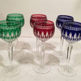 Six colored Waterford wine goblets