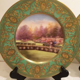 Royal Worcester garden cabinet plate artist signed Rashlon with beautiful garden and raised gilding