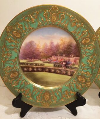 Royal Worcester garden cabinet plate artist signed Rashlon with beautiful garden and raised gilding