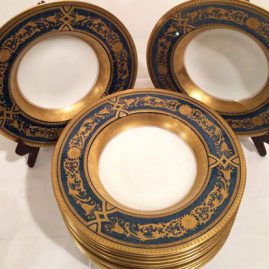 Set of twelve blue with raised gilding Royal Worcester wide rim soups with raised gilding