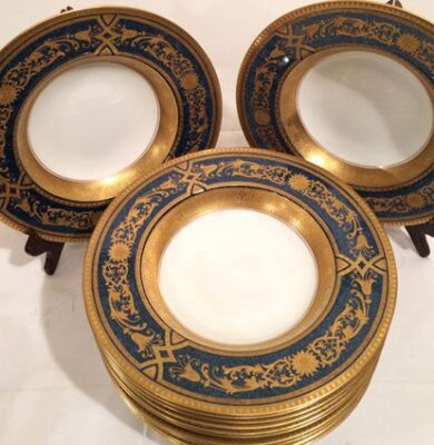 Set of twelve blue with raised gilding Royal Worcester wide rim soups with raised gilding
