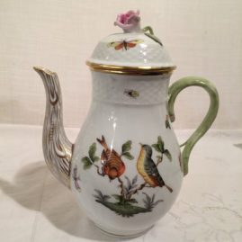 Herend Rothschild bird coffee pot, 9 inches tall with pink rose on top