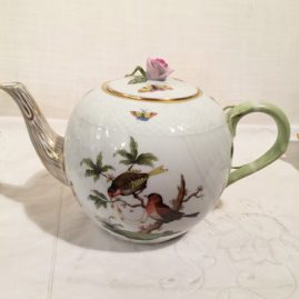 Herend Rothschild bird tea pot with pink rose on top