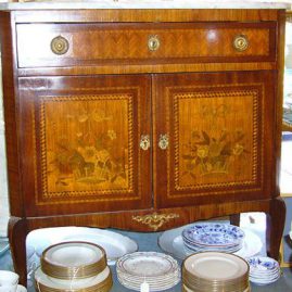 Marquetry inlaid marble top cabinet