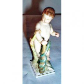 KPM figure of putti with a snake around his cane, 4 3/4 inches, orb and septre mark