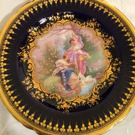 Ambrosius Lamm Dresden cobalt plate with painting of ladies and cherubs