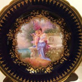 Ambrosius Lamm Dresden cobalt plate painted with ladies and cherubs