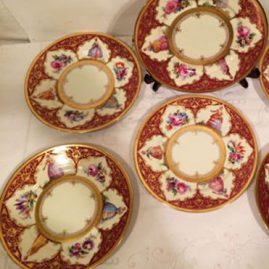 Set of twelve Ambrosius Lamm Dresden plates, each painted differently with different ladies and flowers with raised gilding decoration. Diameter- 7 5/8 inches. Price on Request.