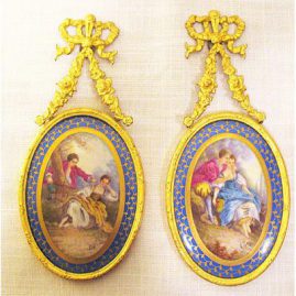 Pair of French hand painted porcelain plaques of lovers