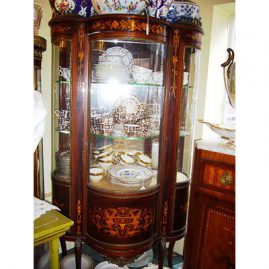 Marquetry inlaid curio cabinet, ca-1900, with angel marquetry inlay