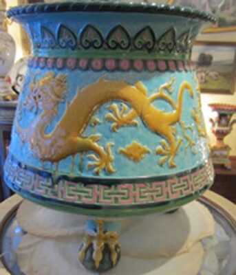 Minton majolica jardiniere with dragon decoration