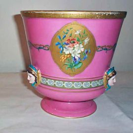 Paris porcelain pink cache pot with masked lady decoration