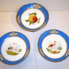 Paris porcelain compotes, each painted with different birds and fruits