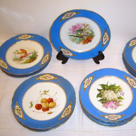 Paris porcelain dessert set each painted with different fruit, flowers and birds