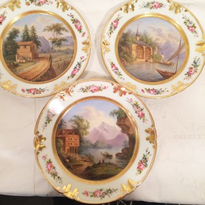 Set of six well painted Paris Porcekain scenic plates,each painted differently