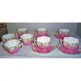 8 English pink fluted cups and saucers