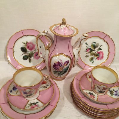 Pink Paris Porcelain Tea or Coffee Set, All Pieces are Painted with Different Floral Bouquets