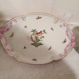 Herend Rothschild bird tay with pink ribbon decoration