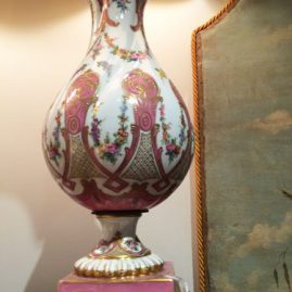 One of a pair of pink pompadour Sevres lamps