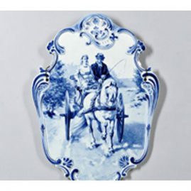 Wonderful Royal Delft plaque of couple in horse and carriage