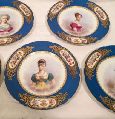Set of twelve Sevres portrait plates, each painted with different famous French women of nobility