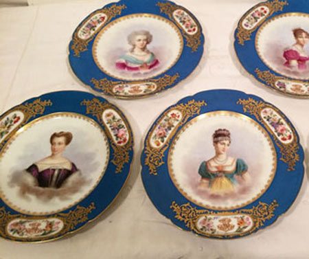 Set of twelve Sevres celeste blue portrait plates