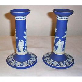 Pair of Wedgwood dark blue candlesticks