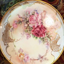 Limoge porcelain plaque or tray painted with pink roses