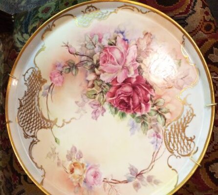 Limoge porcelain plaque or tray painted with pink roses