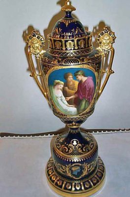 Large cobalt Royal Vienna Urn with masked handles and pate sur pate decoration