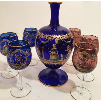 Another view of Lobmeyr set with decanter and six wine goblets painted with ladies, harlequins and gentlemen