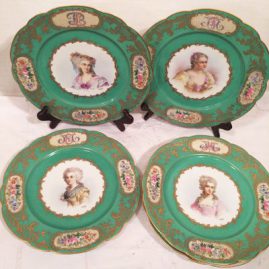 Set of five Sevres portrait plates, each painted with different ladies of the court