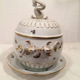 Side of Herend Rothschild bird tureen with dolphin on the top and sides