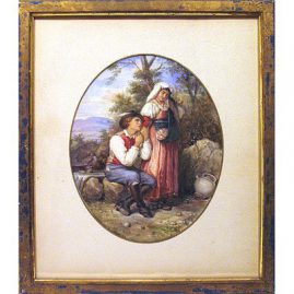 Watercolor of lovers in the woods signed A. Buzzi