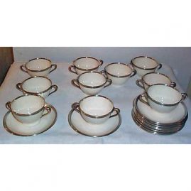 Five Lenox sterling rim green mark cream soups and saucers