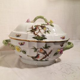 Rothschild bird tureen with raised flowers around the handles and the top