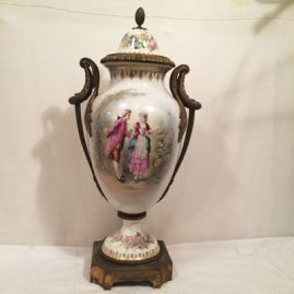 Sevres large urn with scene of lovers with ormolu handles