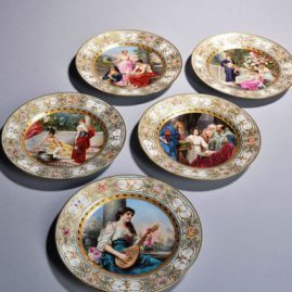 Five fabulous Royal Vienna plates, each painted beautifully with raised gilded and flowered borders