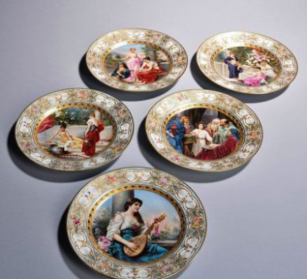 Five fabulous Royal Vienna plates, each painted beautifully with raised gilded and flowered borders