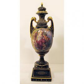 Large Royal Vienna urn, with lady & cherub, cobalt blue & gold