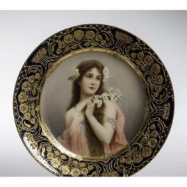 Royal Vienna cobalt plate of beautiful lady signed Wagner