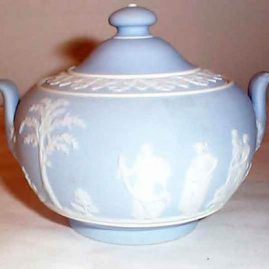 Wedgwood light blue jasperware covered sugar, before 1890