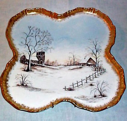 Rare Limoges porcelain plaque with a winter scene