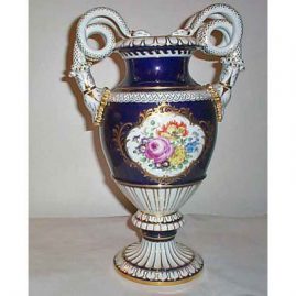 Meissen cobalt snake handled vase with flowers