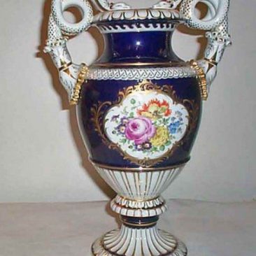 Meissen cobalt snake handled vase with flowers , Circa 1923-1933, sold